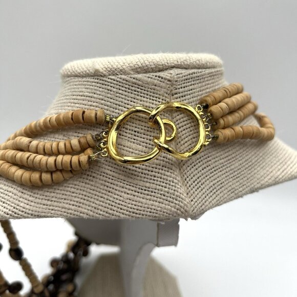 Boho Multi-Strand Coconut Shell and Wood Bead Necklace Gold Tone Clasp VTG - Picture 5 of 5
